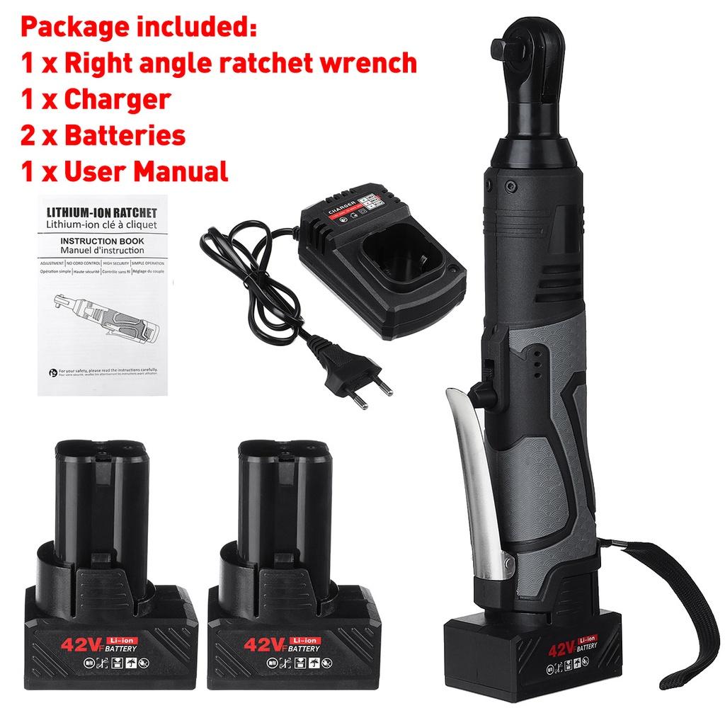 42V 100N.m Cordless Electric Wrench 3/8 Ratchet Wrench Set Angle Drill Screwdriver Wrench Tools with 2xBattery Charger