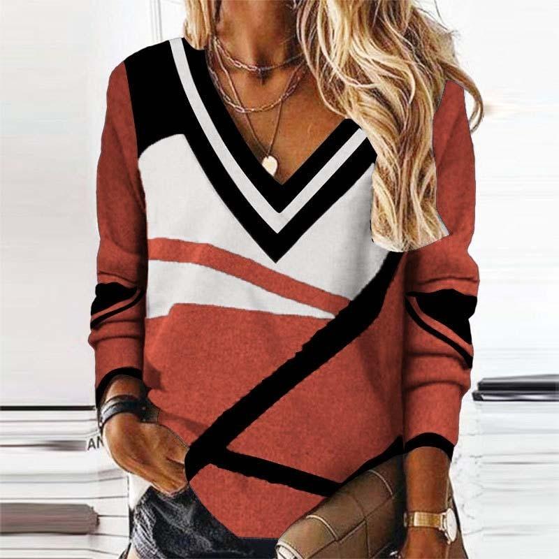 Женская мода, повседневный, темпераментный, новый, с v-образным вырезом, контрастного цвета, с геометрическим принтом, темпераментный, свободный топ с длинными рукавами