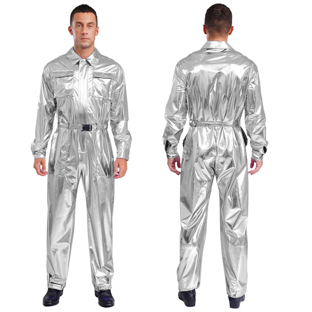 Mens Shiny Metallic Turn Down Collar Long Sleeve High Waist Jumpsuit Halloween Costume