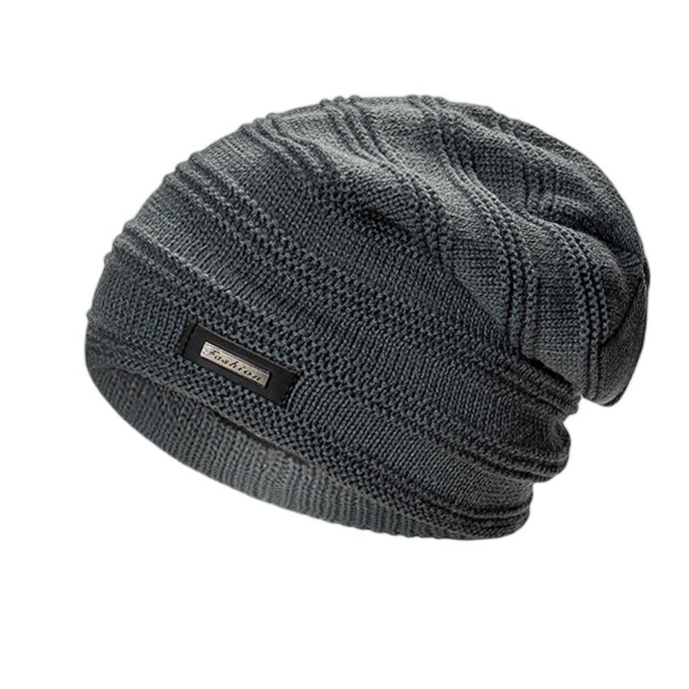 With Tag Fashion Fleece Lined Men's Winter Hat Warm Polyester Knitted Cap Striped Plain Beanies Male