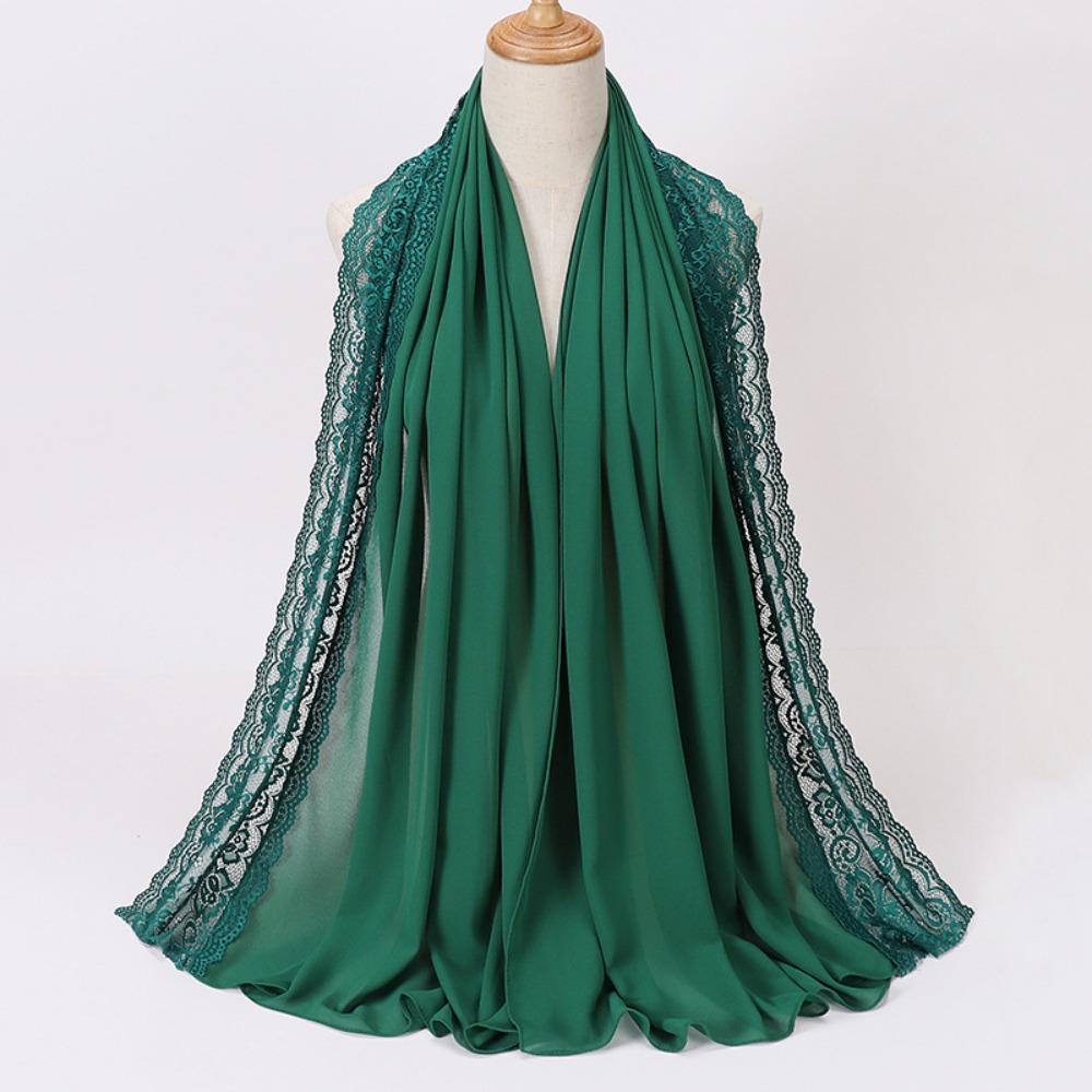 Solid Color Silk Scarf Lace Edge Ramadan Headscarf Versatile Headwraps Women Headwear