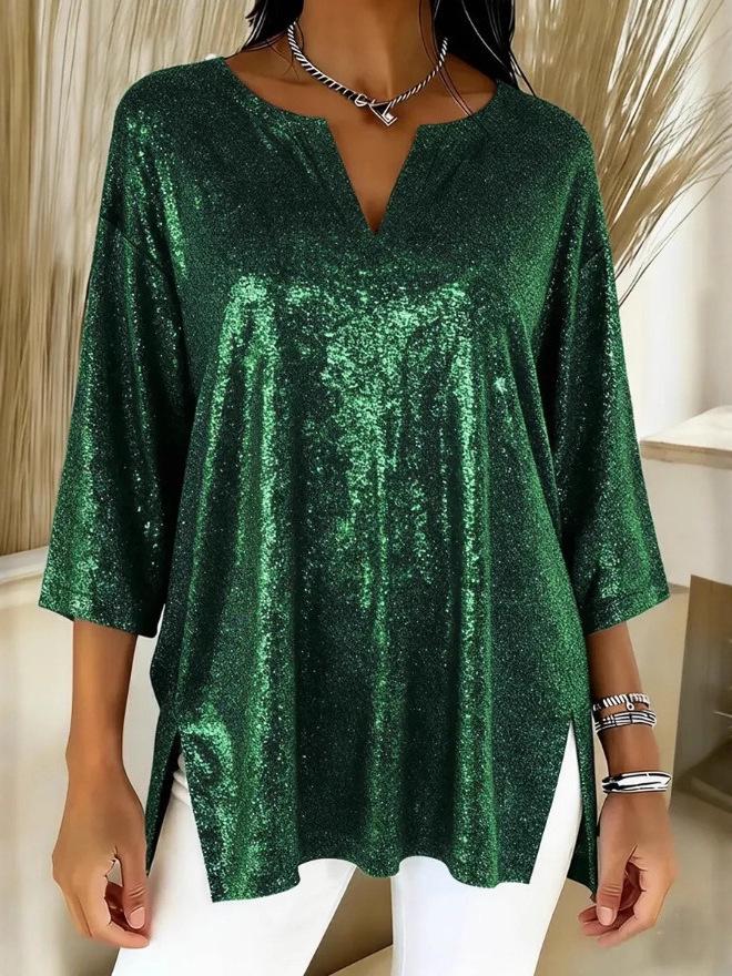 2025 Блестящий свободный топ с V-образным вырезом, длинным рукавом и разрезом для женщин