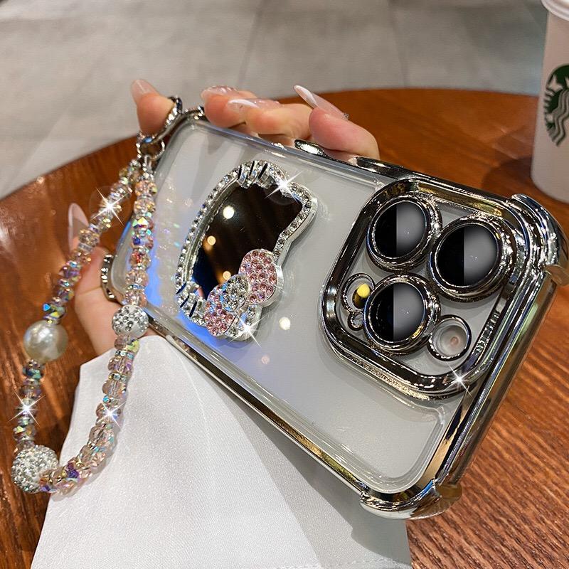 3D Kitty Mirror Electroplate Shockproof Phone Case for Samsung Galaxy A17 A55 A35 A15 A05 A24 A54 A14 A13 A52 A51 With Bracelet