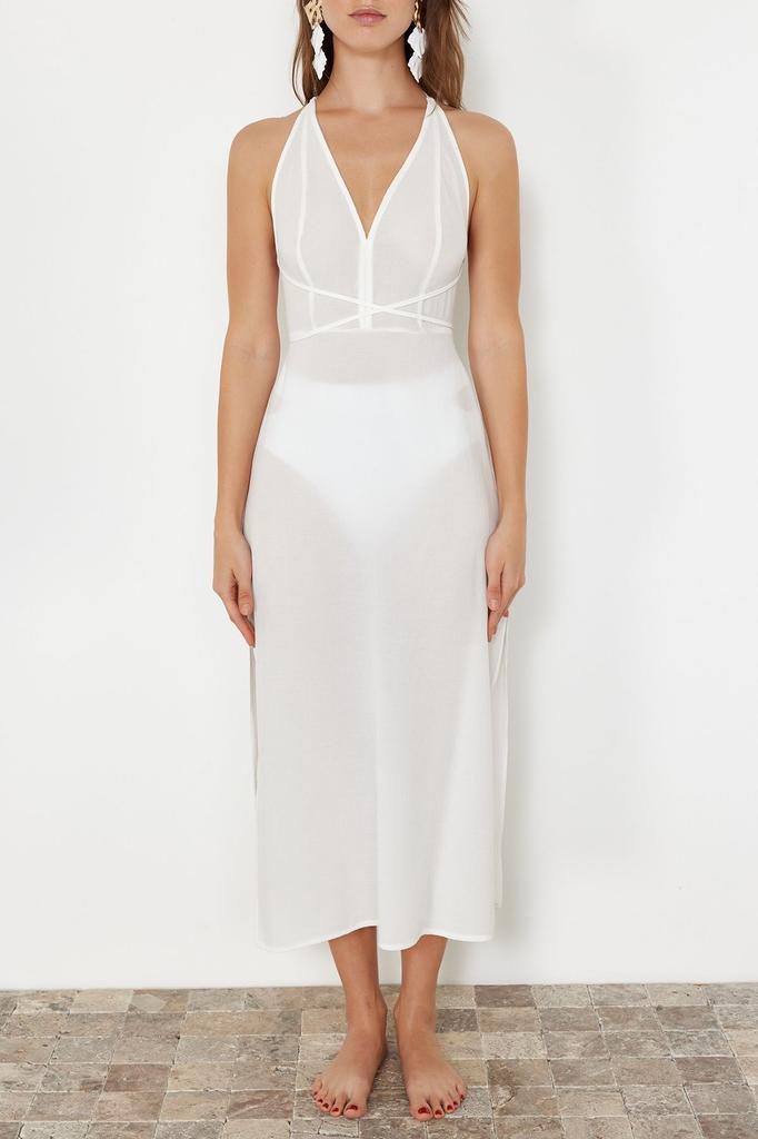 Женское стильное платье Черное тканое пляжное платье миди с открытой спиной