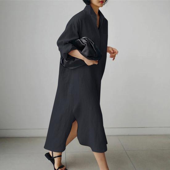 Женское платье с длинным рукавом, нерегулярным разрезом, однотонное однобортное повседневное платье-рубашка со свободными лацканами