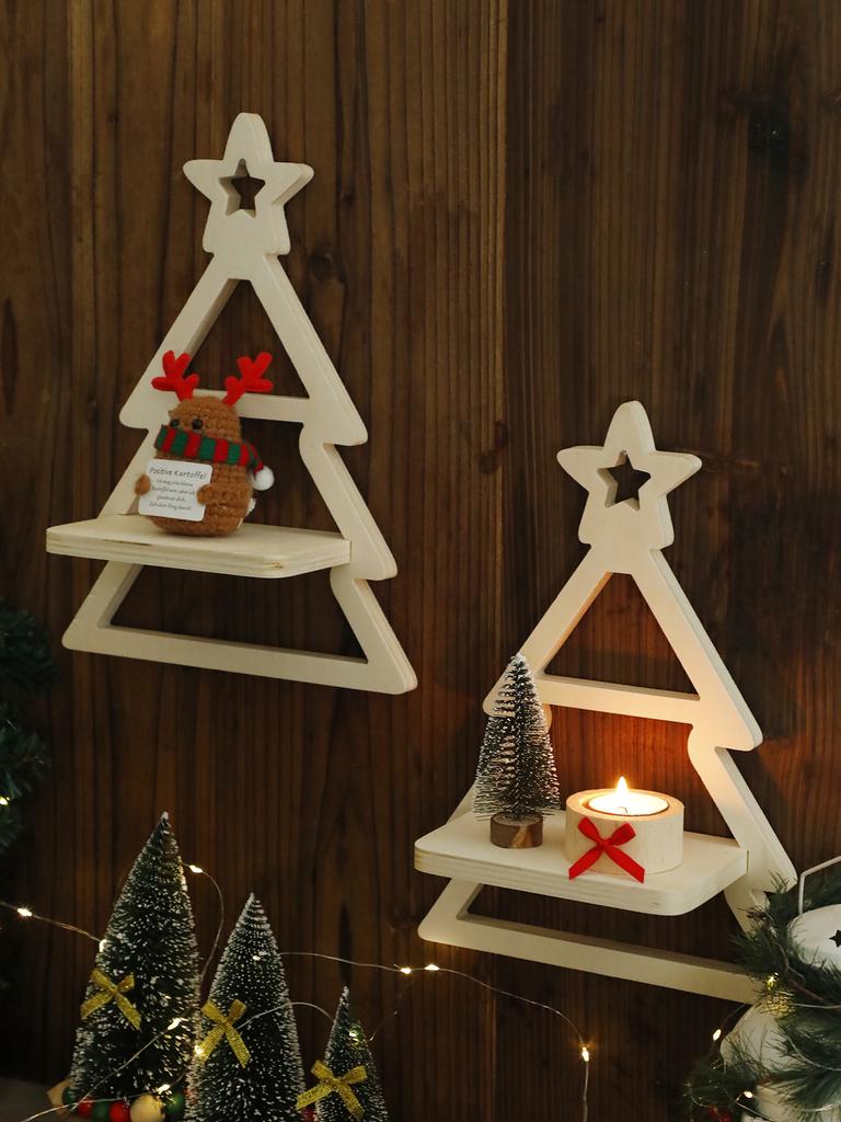 Christmas Tree Wooden Wall Shelves White Floating Wall Shelf Suitable for Christmas Supplies and Candle Wall Hanging Shelf Gift