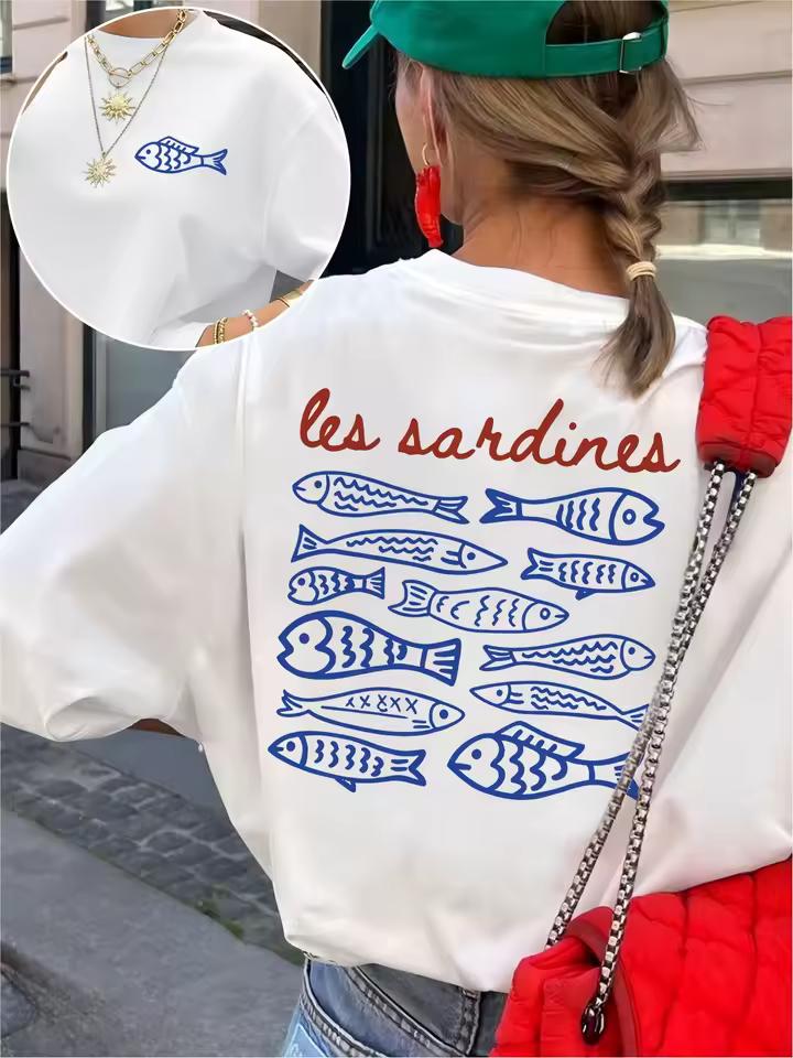 Les Sardines Graphic T Shirt Women Double Sided Fish Print Tee French Aesthetic Harajuku Coastal Beach Men's 2026 Summer Top