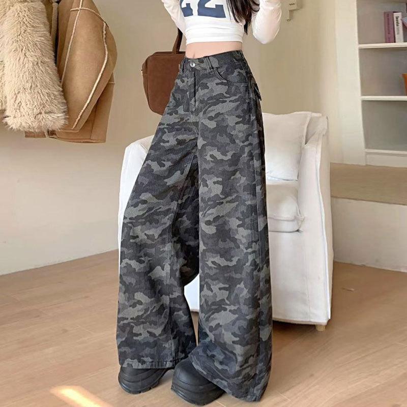 Джинсы камуфляж для фигуры "груша" большого размера женские универсальные американские широкие брюки для полных девушек скрывающие объемы с высокой талией до пола