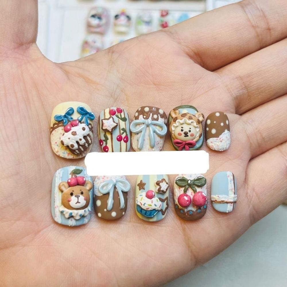 Cartoon Rilakkuma Short Square Round Handmande False Nails Cute Animal Bear Cat Dog Strawberry Bow Press On Nails Christmas Gift