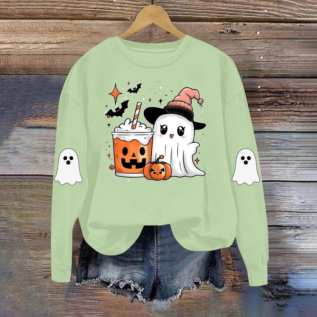 Женская модная повседневная толстовка с длинным рукавом и принтом на Хэллоуин, с круглым вырезом