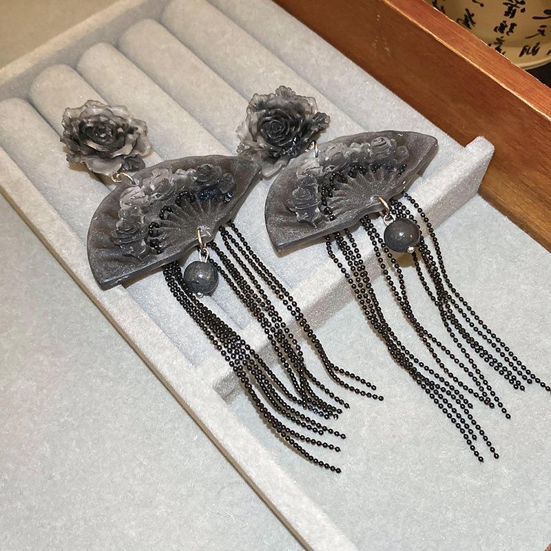 GemChic Women's Earrings Chinese Style Resin Flower Fan Fringe Vintage Long Drop Earrings Birthday Christmas Jewelry Gift