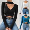 Autumn Winter Women Long Sleeve Choker Neck Wrap Crop Knit Sweater Ribbed Casual Pullover Clothes