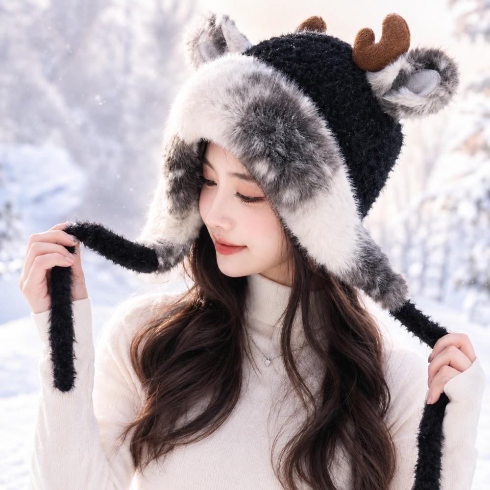 Plush Antler Winter Warm Hat Ear Protection Beanie Hat New Woolen Cap Women