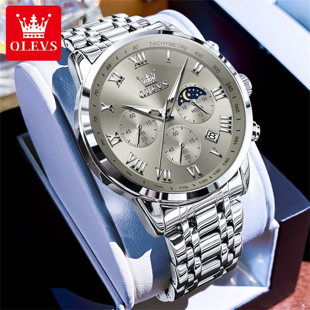 Multifunctional Men's Watches Chronograph Quartz Watch Moon Phase Calendar Luminous Waterproof Watch for Men