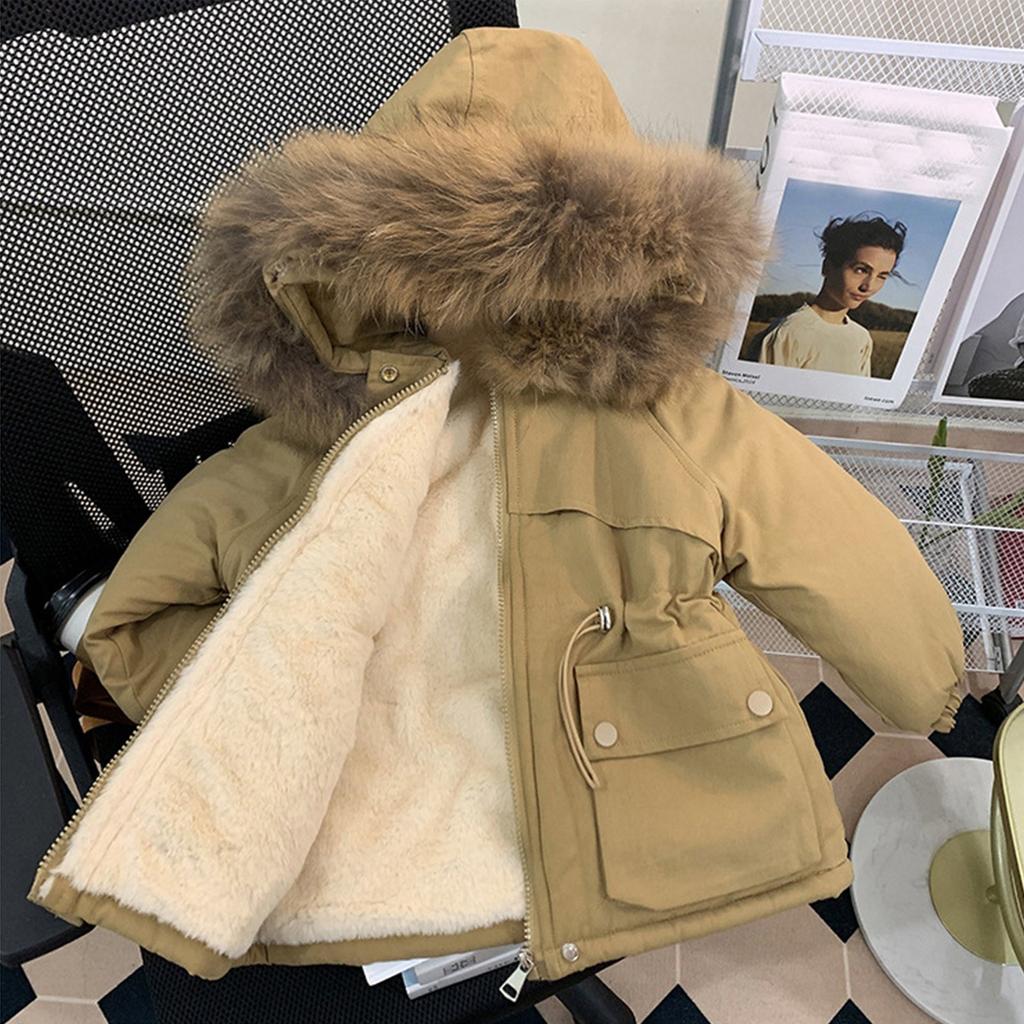 Girls Winter Coat Solid Color Hat Plus Velvet Cotton Coat Fashionable