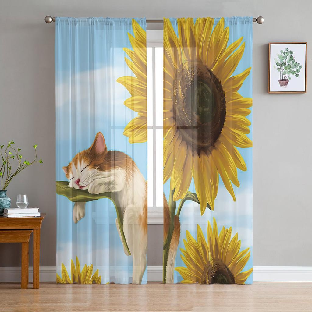 Тюлевые прозрачные шторы с рисунком кота для украшения гостиной, занавески для комнаты, спальни, кухни, вуаль, занавески из органзы