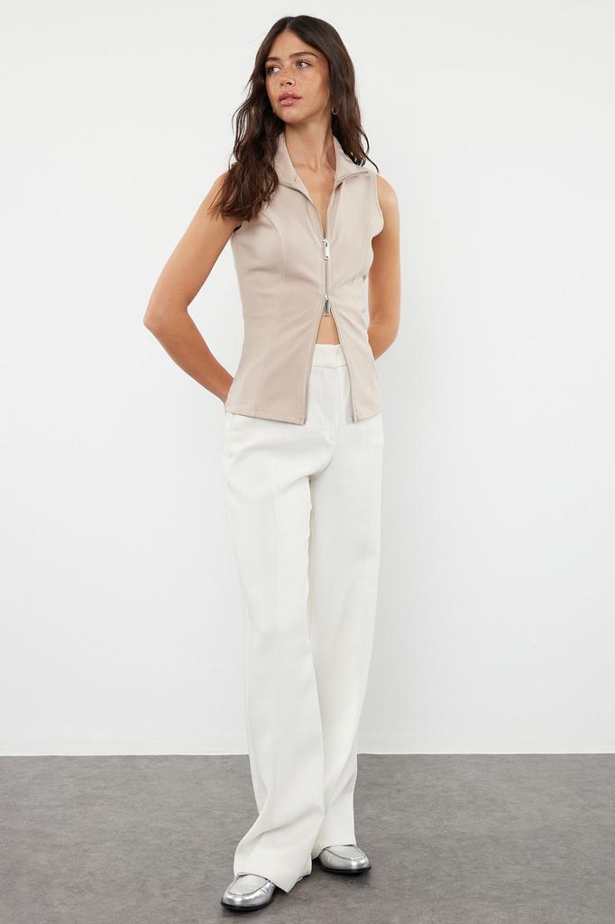 Women's Style Blouse Mink High Collar Zipper Fitted Flexible Knitted Blouse