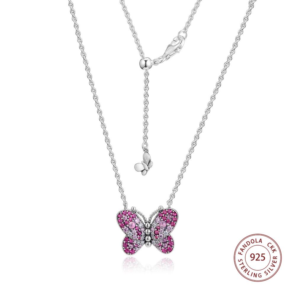 Genuine 925 Sterling Silver Necklace Dazzling Pink Butterfly Pendant Necklaces for Women Fine Jewelry Gift