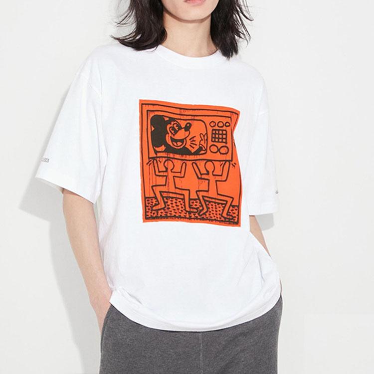Uniqlo Футболка унисекс с принтом Микки и Кита Харинга, с круглым вырезом, короткий рукав, Белый 461337-00