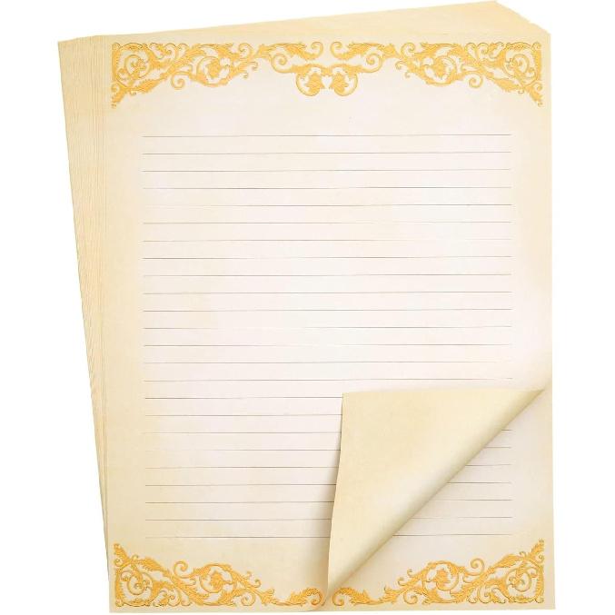 Pipilo Press Letter Writing Paper Set - 48 Sheets, 8.5 x 11 In, Ivory - Vintage Lined Stationery with Gold Border for Decorative & Fancy Handwritten