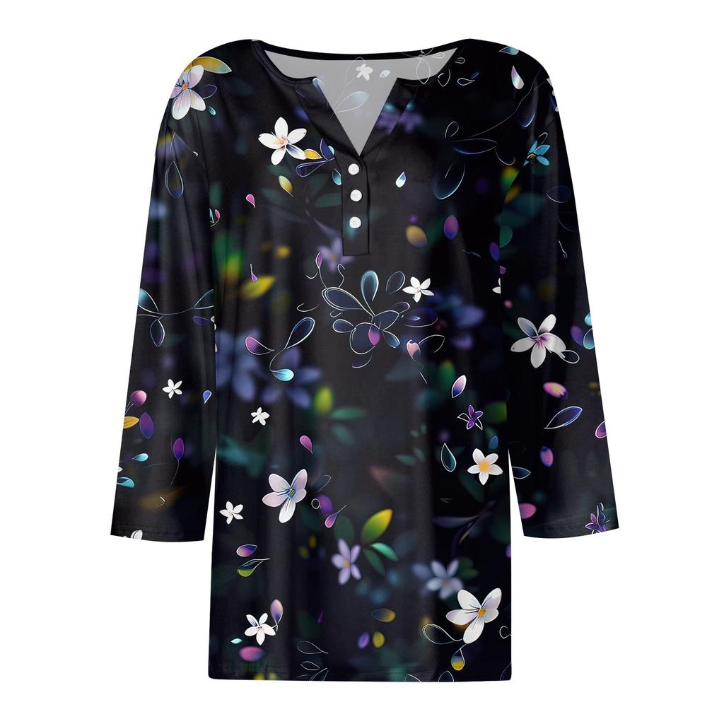 Жен. Футболка С принтом Пуговицы Рукав 3/4 Повседневные Выходные Мода Классический Классический V-образный вырез Обычный Верх