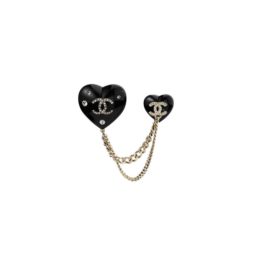 Chanel Double Heart Resin Metal Brooch Women accessories Black AB9376-B09080-NK212