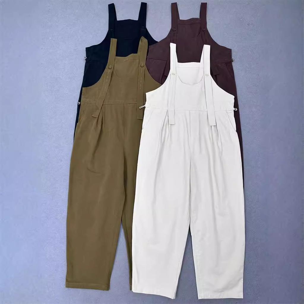 Johnature Retro Cargo Bib Bodysuits Women Autumn Casual Comfortable Loose Straight Leg Sleeveless Simple Jumpsuits