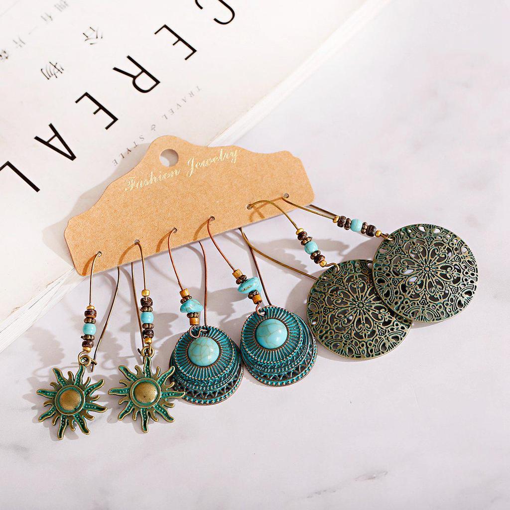 Bohemian Ethnic Retro Earring Set: 3-Piece Hanfu & Nepal Style for Women