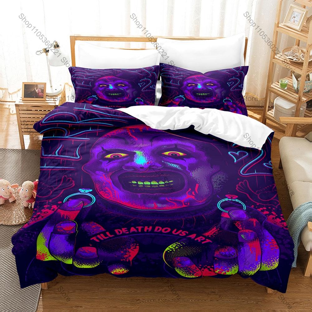 Scary Clown Terrifier 2-3 Pattern 3Pcs Bedding Set Skin Friendly Duvet Cover Pillowshams All Season Bed Linen For Horror Fans