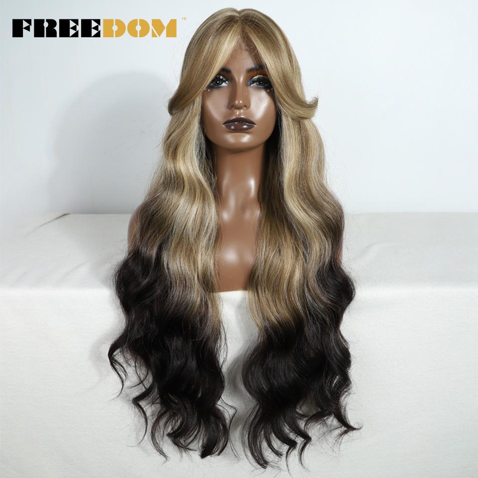 FREEDOM Synthetic Lace Front Wigs For Women 34" Long Body Wavy Wig With Bangs Ombre Brown Blonde Lace Wig Colorful Cosplay Wigs