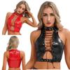 Women's Patent Leather Sleeveless Crop Tops Gothic Punk Top Hollow Out Lace-up Top