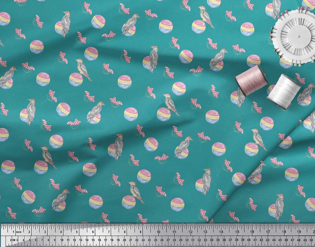 Soimoi Черная полиэстеровая креповая ткань с принтом красных ягод и птиц-дятлов по метрам 42 дюйма