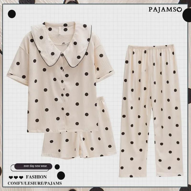 Летняя пижамная одежда Dopamine Pink Striped из хлопкового крепа - женская, с короткими рукавами, из трех предметов