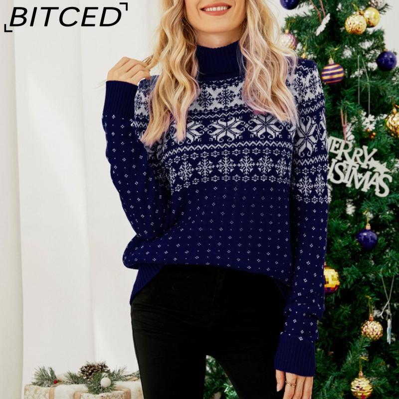 BITCED Autumn/Winter Jacquard Pullover Red Turtleneck Christmas Sweater Snowflake Knit Base Layer