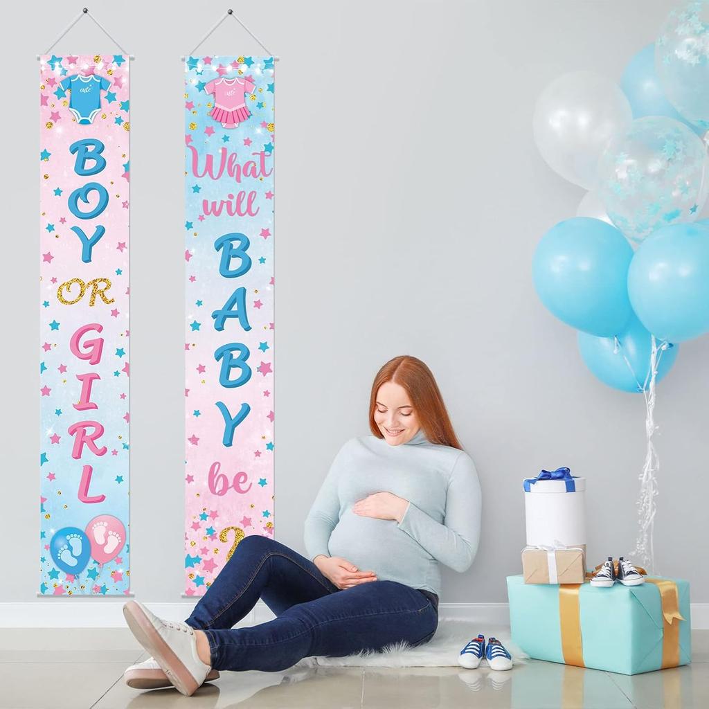 Buryeah 2 Pcs Gender Reveal Door Decorations Boy or Girl Porch Signs Gender Reveal Door Hangers Banner He or She Porch Signs for Baby Shower Party