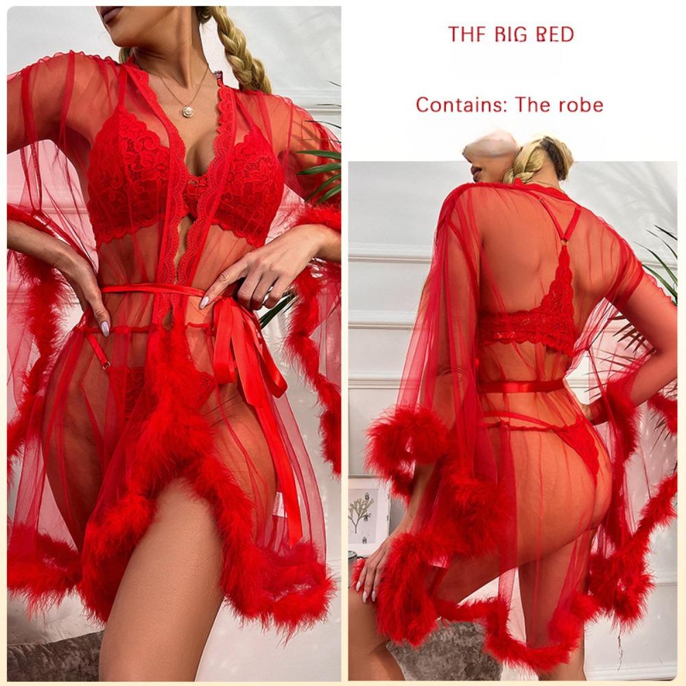 Sexy Lace Nightgown Mesh See-through Fluff Stitching Large Cuffs, Bathrobe Loungewear