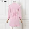 VONDA Women Elegant Lapel Ruffled Solid Color Long Sleeve Dresses