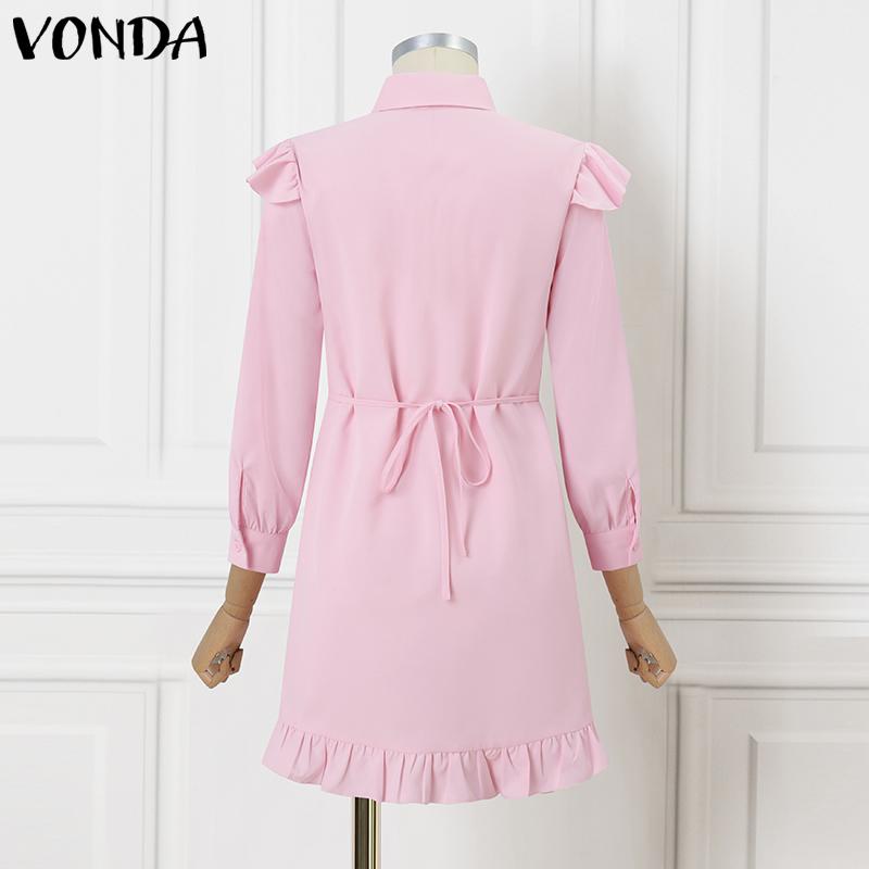 VONDA Women Elegant Lapel Ruffled Solid Color Long Sleeve Dresses