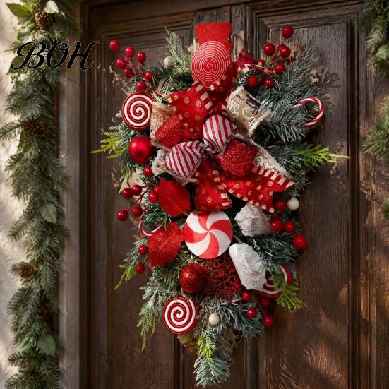 Christmas Fireplace Decoration Candy Cane Teardrop Swag, Red White Striped Peppermint Swag Festive Atmosphere Wreath for Front Door, Indoor