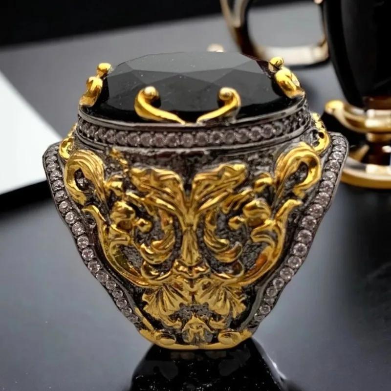 Мужское кольцо в форме яйца из аквамарина с гравировкой в стиле хип-хоп и ретро-узором