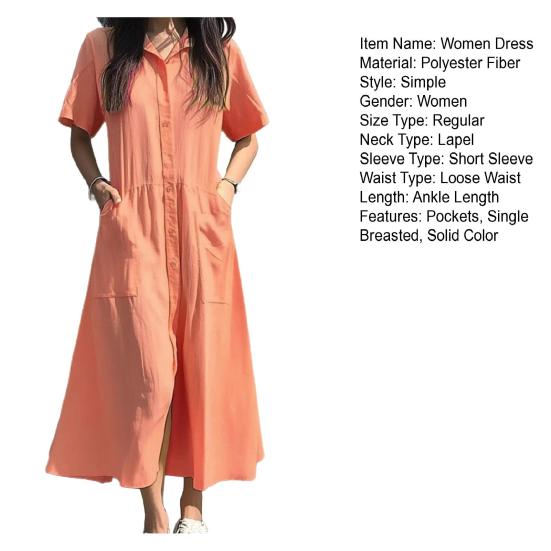 Женское платье с лацканами, короткий рукав, однобортное, повседневное платье с карманами, однотонное