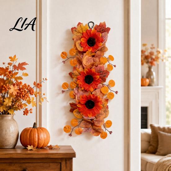 Thanksgiving Door Hanger Ornament Artificial Fall Sunflower Wall Hanging, Maple Leaf Garland with Butterfly, Autumn Harvest Decoration for Hanging