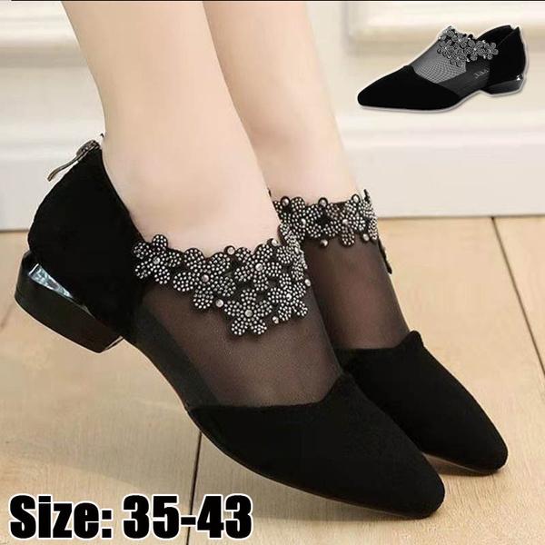 Summer Fashion Women Pointed-toe Low Heel Shoes Ladies Mesh Rhinestone Sandals Women's Fashion Shoes