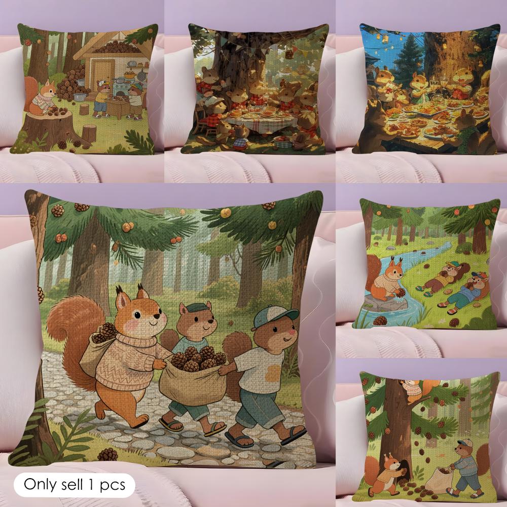 Cute squirrel Cushion Cover Natural Linen Pillow Cover DoubleSided Print Cushion Cover for Sofa Home Decor
