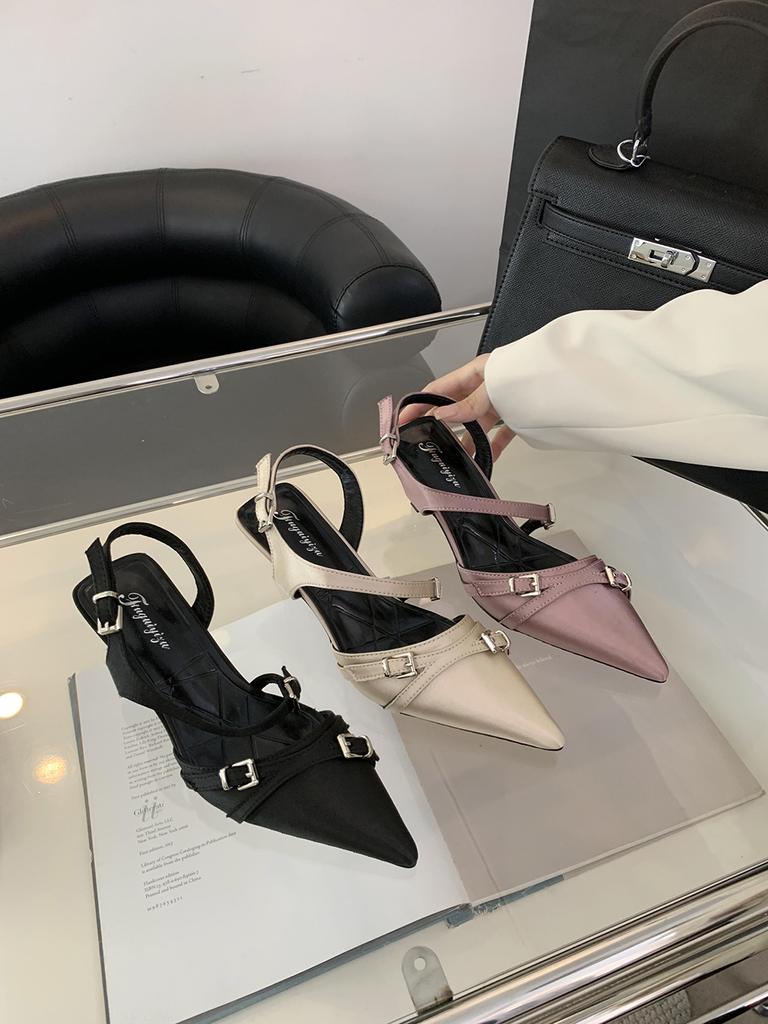 Модные женские босоножки с острым носком, новинка 2024 года, черные, розовые, бежевые, с пряжкой на ремне, туфли для вечеринки, с ремешком на щиколотке, сексуальные туфли для вечеринки