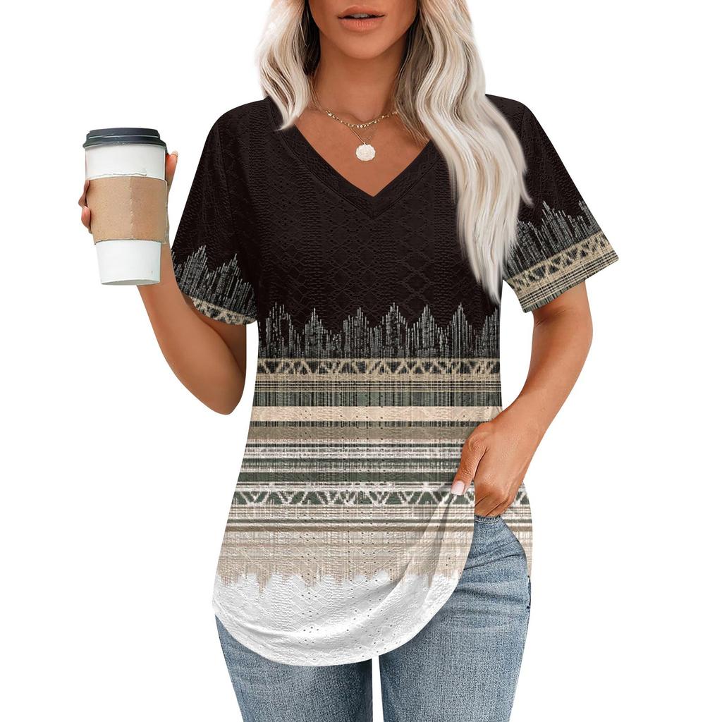 Womens T Shirts V Neck Short Sleeve Casual Tops Loose Fit Basic Tees With Curved Hem