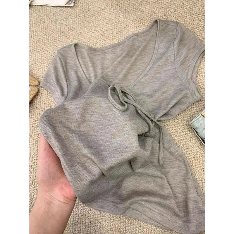 Женский серый в рубчик топ с коротким рукавом, повседневная, облегающий, с завязками спереди, блузка