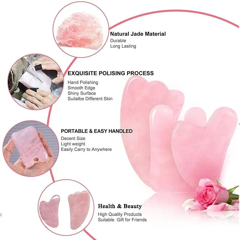 100% Natural Rose Quartz Jade Roller Gua Sha Massager Set Jade Stone Gouache Scraper Facial Massage Lifting SPA Anti Aging Tools