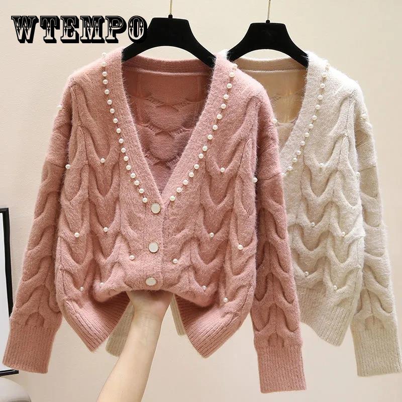 Женский вязаный кардиган Sweet Pearl с v-образным вырезом, женские осенние и зимние универсальные короткие вязаные топы