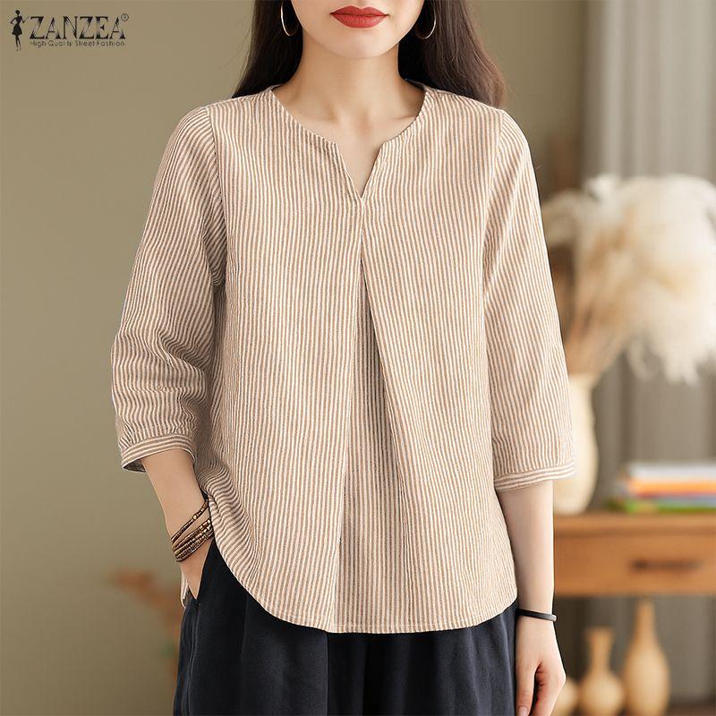 ZANZEA Women Casual V-Neck 3/4 Sleeve Loose Stripe Blouse